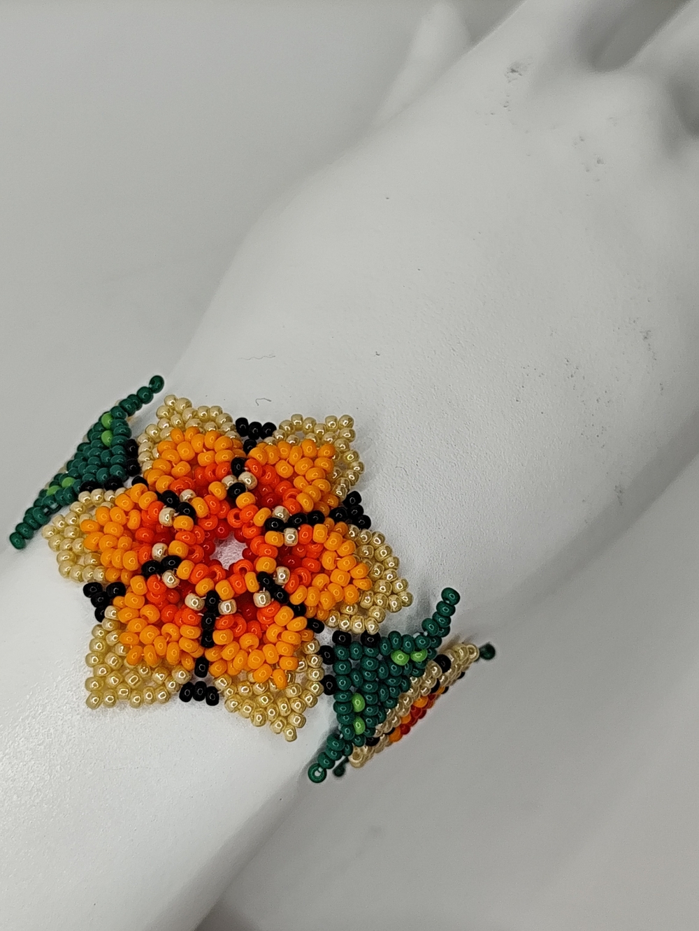 Hand-Beaded Orange Floral Bracelet